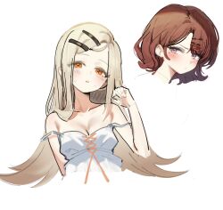  2girls absurdres bare_shoulders blonde_hair blush breasts brown_hair camisole closed_mouth commentary cropped_shoulders cropped_torso gakuen_idolmaster gradient_hair highres higuchi_madoka idolmaster idolmaster_shiny_colors long_hair mole mole_under_eye multicolored_hair multiple_girls nogong orange_eyes parted_lips purple_eyes shinosawa_hiro simple_background small_breasts strap_slip sweat very_long_hair white_background white_camisole 