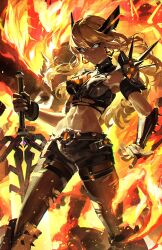 absurdres armor blonde_hair blue_eyes breasts cleavage cleavage_cutout clothing_cutout crop_top female fire highres holding holding_sword holding_weapon huge_weapon long_hair looking_at_viewer magik_(x-men) marvel marvel_rivals meltyrice midriff navel short_shorts shorts solo sword weapon x-men 