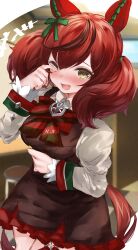  absurdres animal_ears black_dress blurry blurry_background blush boots bow bowtie breasts brown_boots brown_eyes commentary cowboy_shot dress female highres horse_ears horse_girl horse_tail indoors long_sleeves looking_at_viewer maou_(maoudaisukiya) multicolored_hair nice_nature_(umamusume) one_eye_closed open_mouth pinafore_dress red_hair shirt short_hair simple_background sleeveless sleeveless_dress small_breasts solo streaked_hair tail twintails umamusume white_shirt 