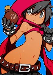  bare_shoulders beeru_(veil8801) belt belt_buckle black_eyes black_gloves black_hair blue_background breasts brown_belt buckle dark-skinned_female dark_skin dungeons_&amp;_dragons dungeons_&amp;_dragons:_chronicles_of_mystara female gloves groin hair_between_eyes highres hood hood_up moriah_(chronicles_of_mystara) navel outline red_hood red_tube_top ribs ringed_eyes short_hair simple_background small_breasts solo strapless tube_top underboob white_outline 