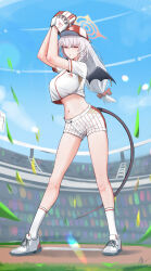  absurdres alternate_costume baseball_cap baseball_field baseball_jersey baseball_mitt baseball_stadium baseball_uniform black_tail black_wings blue_archive braid crop_top demon_wings fake_wings female full_body halo haruna_(blue_archive) hat highres jersey long_hair mola_(mola526) navel piercing red_halo shirt short_shorts shorts side_braid single_wing socks solo sportswear striped_clothes striped_shorts vertical-striped_clothes vertical-striped_shorts white_hair white_shirt white_shorts white_socks wing_ornament wing_piercing wings 