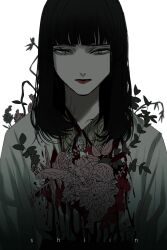  black_hair commentary death_mark female grey_eyes gunjyou_(gunjyou_00) highres kujou_saya long_hair shirt simple_background solo white_background white_shirt 