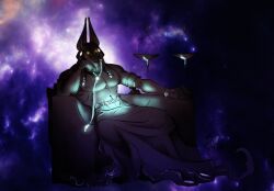  2025 anthro anubian_jackal canid canine canis clothed clothing colored cosmic_background dislyte drew_(dislyte) jackal lilith_games male mammal muscular muscular_anthro muscular_male nipples pecs shirtless signature solo zinthings 