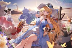  :o abby_(wuthering_waves) absurdres alternate_costume balloon bare_shoulders beach_chair black_bow blonde_hair blue_dress blue_gemstone book bow breasts cake cake_slice cleavage collarbone commentary cup donut dress drinking_glass earrings feet_out_of_frame female flower food gem hair_ornament hairbow hand_up hat heart heart-shaped_eyewear heart_balloon highres jewelry large_breasts long_hair looking_at_viewer necklace nimbus_wraith_(wuthering_waves) on_chair open_mouth outdoors pancake pancake_stack pharmarr phoebe_(wuthering_waves) purple_eyes rose solo sunrise tacet_discord_(wuthering_waves) teacup thigh_strap very_long_hair white_dress white_hat wuthering_waves x_hair_ornament yellow_flower yellow_rose 