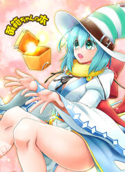  belt black_ribbon blue_dress blue_hair blush box breasts brown_belt cleavage commentary_request cover cover_page doujin_cover dress feet_out_of_frame female fur_collar gold_trim green_eyes green_hat hat hat_belt highres juliet_sleeves large_breasts layered_dress long_dress long_sleeves neck_ribbon official_alternate_costume open_mouth pink_background puffy_sleeves ragnarok_online ribbon solo sorcerer_(ragnarok_online) striped_hat takaha_momo top_hat translation_request white_dress white_hat 