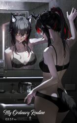  a0lp animal_ear_fluff animal_ears arknights bathroom black_bra black_hair black_nails black_panties bra breasts cigarette commentary english_commentary feet_out_of_frame female highres looking_at_mirror mirror multicolored_hair nail_polish panties ponytail red_hair reflection sink smoking solo standing tail texas_(arknights) two-tone_hair underwear underwear_only wolf_ears wolf_girl wolf_tail yellow_eyes 