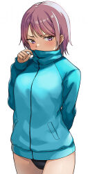 black_one-piece_swimsuit blue_jacket commentary_request covering_own_mouth cowboy_shot female grey_hair hashi jacket looking_at_viewer one-piece_swimsuit original purple_eyes shoes short_hair simple_background solo standing swimsuit swimsuit_under_clothes track_jacket unworn_shoes white_background 