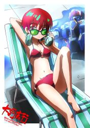  amate_yuzuriha aqua_eyes bikini blush breasts closed_mouth commentary_request female gquuuuuux green-tinted_eyewear gundam gundam_gquuuuuux headphones highres looking_at_viewer mecha mobile_suit red_bikini red_hair robot science_fiction short_hair stomach sunglasses swimsuit taiga_hiroyuki tinted_eyewear v-fin water 