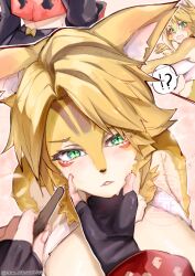  ! 2girls ? animal_ears black_gloves blonde_hair body_fur breasts burnice_white cat_ears cat_girl closed_mouth fingerless_gloves gloves green_eyes highres large_breasts long_hair looking_at_viewer multiple_girls open_mouth ototuki_ena parted_bangs pulchra_fellini sideboob spoken_exclamation_mark spoken_question_mark yellow_fur zenless_zone_zero 