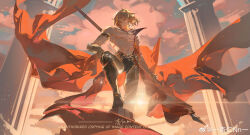  1boy absurdres armor armored_boots bare_pectorals belt black_coat black_pants blonde_hair boots braid cape chest_tattoo chinese_commentary clawed_gauntlets coat commentary_request dawn earrings facial_tattoo gold_earrings gold_necklace gradient_hair hair_between_eyes highres honkai:_star_rail honkai_(series) jewelry lens_flare male_focus medium_hair multicolored_hair mydei_(honkai:_star_rail) necklace open_clothes open_coat pants pauldrons pectorals pillar red_cape red_hair red_tattoo shoulder_armor side_braid single_pauldron solo sunlight tattoo toned toned_male watermark weibo_watermark xrncp yellow_eyes 