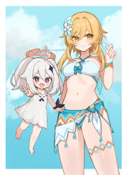  2girls barefoot bikini bikini_skirt blonde_hair blush breasts collarbone commentary_request cowboy_shot criss-cross_halter dress_swimsuit flower genshin_impact hair_between_eyes hair_flower hair_ornament halo halterneck hand_up highres kuromu_shado looking_at_viewer lumine_(genshin_impact) lumine_(hot_springs)_(genshin_impact) multiple_girls navel official_alternate_costume official_alternate_hairstyle open_mouth paimon_(genshin_impact) paimon_(hot_springs)_(genshin_impact) purple_eyes short_hair_with_long_locks side-tie_skirt swimsuit v white_bikini white_hair yellow_eyes 