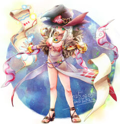  argyle_clothes argyle_dress artist_name bangle black_hat black_sandals bracelet breasts cleavage commentary_request dated detached_sleeves donut dress female fingernails flower food full_body fur_collar gold green_eyes grey_dress hat hat_flower jewelry large_breasts long_hair looking_at_viewer mouth_hold nail_polish pink_flower ragnarok_online red_flower red_nails sandals side_slit sleeveless sleeveless_dress solo sorcerer_(ragnarok_online) standing takaha_momo toenail_polish toenails white_hair white_sleeves witch_hat 
