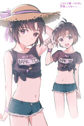  antenna_hair arm_up black_eyes black_hair black_shirt character_name closed_mouth clothes_writing collarbone cowboy_shot cropped_legs denim denim_shorts female hat highres idolmaster idolmaster_(classic) kikuchi_makoto looking_at_viewer midriff miyagi multiple_views navel open_mouth shirt short_hair short_shorts short_sleeves shorts simple_background sleeves_rolled_up smile standing straw_hat tied_shirt translation_request waving white_background wristband 