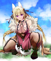  animal_ears artist_name bell black_shoes blonde_hair blue_sky braid breasts cleavage closed_mouth cloud commentary_request dated day detached_sleeves female fishnet_pantyhose fishnets fox_ears full_body fur-trimmed_sleeves fur_trim grass hair_bell hair_intakes hair_ornament hair_ribbon jingle_bell large_breasts long_hair looking_at_viewer low_twin_braids miniskirt official_alternate_costume outdoors pantyhose purple_eyes purple_ribbon ragnarok_online red_skirt red_sleeves red_sports_bra ribbon shadow_chaser_(ragnarok_online) shoes signature skirt sky smile solo sports_bra squatting takaha_momo twin_braids very_long_hair 