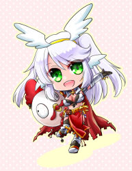  :d arm_up armor armored_boots artist_name bikini_armor black_gloves black_thighhighs boots breasts cape chibi chibi_only chicken_mask cleavage commentary_request cross_of_prontera dated fake_wings female full_body gloves green_eyes grey_hair head_wings highres holding holding_mask long_hair looking_at_viewer mask medium_breasts open_mouth pelvic_curtain pink_background polka_dot polka_dot_background ragnarok_online red_cape rune_knight_(ragnarok_online) smile solo takaha_momo thighhighs torn_cape torn_clothes vambraces wings 