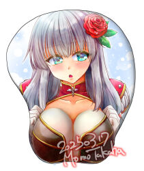  artist_name blue_eyes blush breasts breasts_squeezed_together brown_dress caduceus cape chestnut_mouth cleavage commentary_request creator_(ragnarok_online) dated dress embarrassed female flower gloves hair_flower hair_ornament huge_breasts long_hair looking_to_the_side mousepad_(medium) open_mouth ragnarok_online red_cape red_flower red_rose rose solo takaha_momo white_background white_gloves 