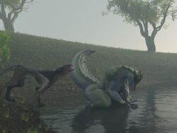  3d_(artwork) 4:3 anthro black_body blue_eyes clothing crocodilian cthulhu_mythos digital_media_(artwork) drinking duo female feral flailingfornication food grass green_body h._p._lovecraft hi_res hound_of_tindalos jewelry kroxigor_(vulgarvictor) looking_away lying morning outside plant reptile scalie tail teeth tree 
