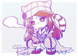  beanie breasts brown_theme cleavage coat commentary_request female fishnet_thighhighs fishnets full_body hat large_breasts long_hair long_sleeves looking_at_viewer monochrome official_alternate_costume open_mouth ragnarok_online shaded_face shadow_chaser_(ragnarok_online) solo squatting takaha_momo thighhighs 