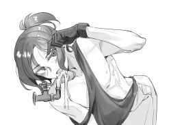  1boy blush commentary_request drinking faucet gloves greyscale gundam gundam_gquuuuuux highres looking_to_the_side male_focus monochrome nipples nu18john open_mouth ponytail short_hair shuji_ito simple_background sleeveless smile solo sweat tank_top upper_body white_background 