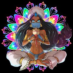  absurdres anklet arabian_clothes armlet barefoot black_hair blue_eyes blue_fundoshi border bracelet breasts cleavage commentary dark-skinned_female dark_skin dattosan earrings english_commentary female fingernails fundoshi gem gold highres instrument japanese_clothes jewelry large_breasts long_hair low-tied_long_hair mouth_veil music navel_piercing original outside_border parted_lips piercing playing_instrument ponytail revealing_clothes ringed_eyes solo veil very_long_hair white_headdress 