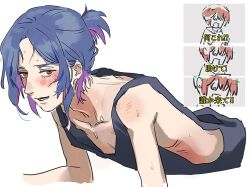  1boy amate_yuzuriha blue_hair blush colored_inner_hair commentary_request female gundam gundam_gquuuuuux looking_at_viewer lower_eyelashes_only mrtoen multicolored_hair nipple_slip nipples open_mouth ponytail purple_hair red_eyes red_hair short_hair shuji_ito simple_background sleeveless smile surprised sweat tank_top translation_request two-tone_hair upper_body white_background 