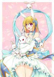  animal animal_ears artist_name blonde_hair blue_choker blue_corset blue_gemstone blush breasts choker cleavage commentary_request corset cowboy_shot dated detached_sleeves dress female frilled_dress frilled_sleeves frills gem highres holding holding_animal holding_rabbit long_hair looking_at_viewer medium_breasts official_alternate_costume open_mouth pink_background purple_eyes rabbit rabbit_ears rabbit_girl ragnarok_online sleeveless sleeveless_dress smile solo takaha_momo wanderer_(ragnarok_online) white_dress white_sleeves wide_sleeves 
