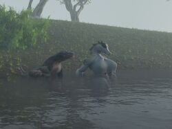 3d_(artwork) 4:3 anthro black_body blue_eyes clothing crocodilian cthulhu_mythos digital_media_(artwork) duo female feral flailingfornication food grass green_body h._p._lovecraft hi_res hound_of_tindalos jewelry kroxigor_(vulgarvictor) looking_at_another outside partially_submerged plant reptile scalie sitting smile tail teeth tree 