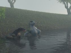  3d_(artwork) 4:3 anthro black_body blue_eyes clothing crocodilian cthulhu_mythos digital_media_(artwork) duo female feral flailingfornication food grass green_body h._p._lovecraft hi_res hound_of_tindalos jewelry kroxigor_(vulgarvictor) morning outside partially_submerged plant reptile scalie sitting smile tail teeth tree 