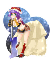  belt belt_buckle belt_pouch bikini bikini_top_only black_gloves black_shorts boots breasts brown_belt buckle commentary_request elbow_gloves female fingerless_gloves full_body fur-trimmed_shorts fur_trim gloves green_eyes grin hat large_breasts leaning_forward long_hair looking_at_viewer pouch purple_hair ragnarok_online red_boots ruchine sack santa_hat short_shorts shorts smile snowing solo star_(symbol) swimsuit vambraces white_bikini whitesmith_(ragnarok_online) 
