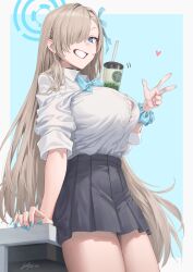  absurdres arm_rest asuna_(blue_archive) asuna_(school_uniform)_(blue_archive) black_skirt blonde_hair blue_archive blue_background blue_bow blue_bowtie blue_eyes blue_nails blue_ribbon blue_scrunchie border bow bowtie breasts bubble_tea_challenge choker collared_shirt commentary_request cowboy_shot dated drinking_straw female from_below from_side grin hair_over_one_eye hair_ribbon halo heart highres large_breasts long_hair looking_at_viewer looking_to_the_side nail_polish open_mouth outside_border pleated_skirt ribbon school_uniform scrunchie shirt shirt_tucked_in signature simple_background skirt sleeves_rolled_up smile solo soyogi_iori_(ioriwu8) standing three_quarter_view tight_clothes tight_shirt very_long_hair w white_border white_shirt wrist_scrunchie 