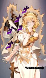  absurdres aglaea_(honkai:_star_rail) bare_shoulders blonde_hair breasts closed_mouth commentary_request cowboy_shot dress female flower foxyreine garmentmaker_(honkai:_star_rail) green_eyes hair_flower hair_ornament head_wreath highres honkai:_star_rail honkai_(series) jojo_no_kimyou_na_bouken jojo_pose jonathan_joestar&#039;s_pose_(jojo) large_breasts looking_at_viewer nail_polish short_hair signature solo white_dress yellow_nails 