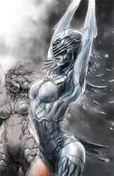  armpits breasts colored_skin crane_orphnoch female grey_skin izo_(bjc000510) kamen_rider kamen_rider_555 lips long_hair medium_breasts monster open_mouth short_hair solo 