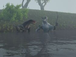  3d_(artwork) 4:3 anthro black_body blue_eyes clothing crocodilian cthulhu_mythos digital_media_(artwork) duo excited female feral flailingfornication food grass green_body h._p._lovecraft hi_res holding_object holding_stick hound_of_tindalos jewelry kroxigor_(vulgarvictor) looking_at_another outside partially_submerged plant reptile scalie sitting smile stick tail teeth tree 