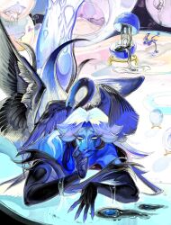  absurdres bird black_sugar_swan_cookie blue_skin breasts cleavage colored_skin commentary_request cookie_run cookie_run:_ovenbreak feathered_wings female fingernails highres karsin2022 large_breasts looking_at_viewer lying medium_hair on_stomach sharp_fingernails solo swan white_eyes white_hair wings 