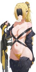  absurdres adapted_costume black_gloves black_jacket black_thighhighs blonde_hair breasts camouflage closed_mouth collarbone commentary cowboy_shot eye_mask facing_viewer female fingerless_gloves gloves gun highleg highleg_panties highres holding holding_gun holding_weapon jacket large_breasts long_hair navel panties ponytail rifle sidelocks simple_background solo stomach thighhighs thighs trigger_(zenless_zone_zero) two-tone_background underwear weapon white_background yellow_panties yonesdraws zenless_zone_zero 