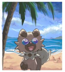  2024 absurd_res ambiguous_gender beach brown_body brown_fur canid canine dietranch eyewear fangs feral fur generation_7_pokemon hi_res looking_at_viewer mammal nintendo open_mouth palm_tree paws plant pokemon pokemon_(species) rail raised_leg rockruff sandygast sea signature solo sunglasses teeth tongue tree water 