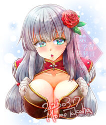  artist_name blue_eyes blush breasts breasts_squeezed_together brown_dress caduceus cape chestnut_mouth cleavage commentary_request creator_(ragnarok_online) dated dress embarrassed female flower gloves hair_flower hair_ornament huge_breasts long_hair looking_to_the_side open_mouth ragnarok_online red_cape red_flower red_rose rose solo takaha_momo watermark white_background white_gloves 