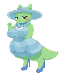  4:5 absurd_res abyss_creature_(artist) anthro blue_clothing blue_dress blue_footwear blue_hat blue_headwear blue_high_heels blue_jewelry blue_necklace character_request clothed clothed_anthro clothed_female clothing digital_drawing_(artwork) digital_media_(artwork) dress eyelashes female female_anthro footwear front_view green_body green_tail hat headgear headwear hi_res high_heels jewelry looking_at_viewer mouth_closed necklace shoes simple_background solo tail white_background 