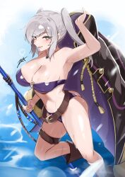  armpits artist_name bikini black_coat breasts closed_mouth coat commentary english_commentary female fire_emblem fire_emblem_awakening fire_emblem_heroes grey_hair highres holding holding_coat holding_polearm holding_unworn_clothes holding_weapon large_breasts looking_at_viewer navel official_alternate_costume polearm purple_bikini robin_(female)_(fire_emblem) robin_(female)_(seaside_tactician)_(fire_emblem) robin_(fire_emblem) smile solo swimsuit thighs twintails weapon wet zet_(twt_zet) 