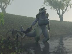  3d_(artwork) 4:3 anthro black_body blue_eyes clothing crocodilian cthulhu_mythos digital_media_(artwork) duo female feral flailingfornication food grass green_body h._p._lovecraft hi_res hound_of_tindalos jewelry kroxigor_(vulgarvictor) morning outside partially_submerged petting plant reptile scalie tail teeth tree 