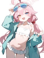  :d ahoge bikini blue_archive blue_eyes eyewear_on_head female flat_chest frilled_bikini frills hair_bobbles hair_ornament halo heterochromia highres hoshino_(blue_archive) hoshino_(swimsuit)_(blue_archive) long_hair low_twintails official_alternate_costume overlord_(overlord80000) simple_background smile solo sunglasses swimsuit twintails white_background white_bikini white_halo yellow_eyes 