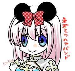  animal_ears arch_bishop_(ragnarok_online) blue_dress blue_eyes bow breasts cleavage cleavage_cutout closed_mouth clothing_cutout commentary_request cross dress fake_animal_ears female hair_between_eyes long_hair looking_at_viewer medium_breasts minnie_mouse_ears mouse_ears pink_hair polka_dot polka_dot_bow ragnarok_online red_bow simple_background smile solo takaha_momo translation_request two-tone_dress white_background white_dress 