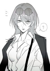  breasts chief_(path_to_nowhere) closed_mouth coat coat_on_shoulders collared_coat collared_shirt commentary_request diamond_earrings earrings expressionless eyelashes eyewear_on_head female_chief_(path_to_nowhere) greyscale hair_between_eyes highres jewelry lapels lipstick long_sleeves makeup medium_breasts monochrome necklace notched_lapels notice_lines open_clothes open_shirt path_to_nowhere round_eyewear shirt simple_background single_earring skirt speech_bubble sunglasses suspender_skirt suspenders swept_bangs toho10min translation_request white_background 