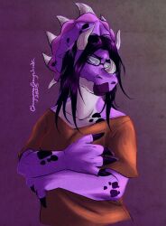  2023 3_horns 4_fingers anthro arms_bent artist_name black_claws black_eyebrows black_eyes black_hair bone_frill breasts cageyshick05_(artist) ceratopsian claws clothed clothed_anthro clothed_female clothing collarbone colored dated digital_drawing_(artwork) digital_media_(artwork) dinosaur english_description eyebrows eyewear facial_horn female female_anthro fingers frill_(anatomy) glasses hair half-length_portrait horn light lighting lips markings multi_horn multicolored_body multicolored_scales non-mammal_breasts nose_horn ornithischian portrait prehistoric_species pupils purple_background purple_body purple_lips purple_scales purple_the_triceratops rectangular_glasses red_clothing red_shirt red_t-shirt red_topwear reptile scales scalie shaded shirt simple_background solo spots spotted_body spotted_scales t-shirt text thick_lips topwear triceratops white_body white_horn white_pupils white_scales 