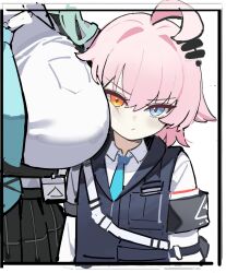  2girls absurdres ahoge armband black_armband black_gloves black_skirt blue_archive blue_eyes blush breast_press breasts closed_mouth collared_shirt commentary female gloves hair_between_eyes hand_on_another&#039;s_head heterochromia highres hoshino_(blue_archive) hoshino_(first_year)_(blue_archive) huge_breasts looking_at_viewer multiple_girls necktie nogong orange_eyes pink_hair plaid_clothes plaid_skirt shirt simple_background skirt solo_focus upper_body vest white_background white_shirt yume_(blue_archive) 