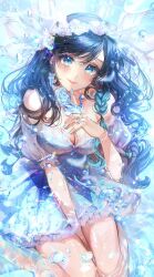  aqua_nails bare_legs blue_eyes blue_hair braid breasts bubble cleavage dress female finger_to_own_chin flower frilled_hairband frills hairband hand_between_thighs highres jewelry long_hair mira_hidume off-shoulder_dress off_shoulder original puffy_sleeves ring rose sitting smile solo wariza 