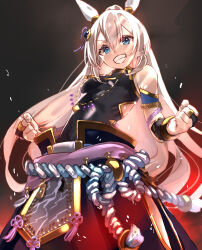  absurdres animal_ears black_bridal_gauntlets black_shirt bridal_gauntlets commentary ear_covers female from_below grin hair_between_eyes headband high_ponytail highres horse_ears long_hair looking_at_viewer michikusa_(bells_michi) no_tail official_alternate_costume parted_bangs ponytail red_headband rope shimenawa shirt sidelocks sleeveless sleeveless_shirt smile solo tamamo_cross_(fierce_thunder_god)_(umamusume) tamamo_cross_(umamusume) tight_clothes umamusume v-shaped_eyebrows very_long_hair white_hair wide_ponytail 