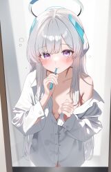  absurdres aged_down blue_archive blush breasts closed_mouth commentary_request drawing_flover female halo headgear highres holding holding_toothbrush long_hair long_sleeves looking_at_viewer mirror noa_(blue_archive) purple_eyes reflection shirt single_bare_shoulder single_off_shoulder small_breasts solo toothbrush toothbrush_in_mouth very_long_hair white_hair white_halo white_shirt 