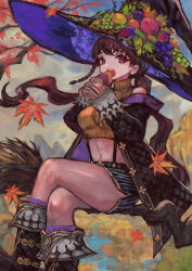  absurdres autumn autumn_leaves black_boots black_coat black_hat blue_shorts boots braid branch broom broom_riding brown_eyes brown_hair brown_sweater coat cropped_sweater eating falling_leaves female figure_four_sitting food forest fruit fruit_hat_ornament gold_trim grapes hat highres jacket leaf leather leather_boots leather_jacket long_hair looking_at_viewer mountain multicolored_eyes nature navel open_clothes open_jacket original plant purple_eyes purple_socks river sabamiso_taro scenery short_shorts shorts side_braid sitting sleeves_past_wrists socks solo striped_clothes striped_shorts sweater sweet_potato teeth thighs turtleneck turtleneck_sweater twintails two-sided_fabric two-sided_headwear upper_teeth_only vines witch witch_hat 