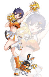  :d absurdres alternate_costume arm_up armpits asymmetrical_legwear bangboo_(zenless_zone_zero) belle_(zenless_zone_zero) breasts cheerleader clothes_writing commentary crop_top earrings eous_(zenless_zone_zero) female green_eyes hair_ornament hashtag-only_commentary highres jewelry large_breasts leg_up letter_hair_ornament looking_at_viewer navel one_eye_closed open_mouth orange_shirt orange_socks pom_pom_(cheerleading) shirt short_hair simple_background skirt smile socks solo standing standing_on_one_leg stomach sweat two-tone_shirt white_background white_shirt white_skirt white_socks yuna_(deadawon) zenless_zone_zero zoom_layer 